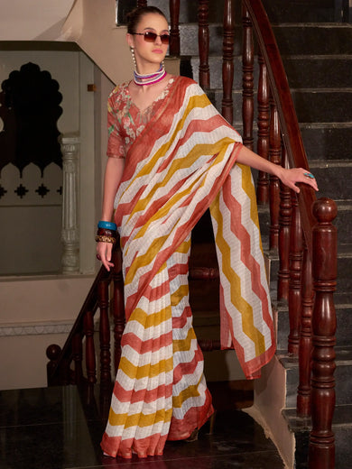 Dazzling Orange Printed Cotton Casual Wear Saree With Blouse